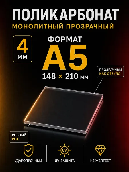 Поликарбонат монолитный, 4мм, прозрачный, формат А5