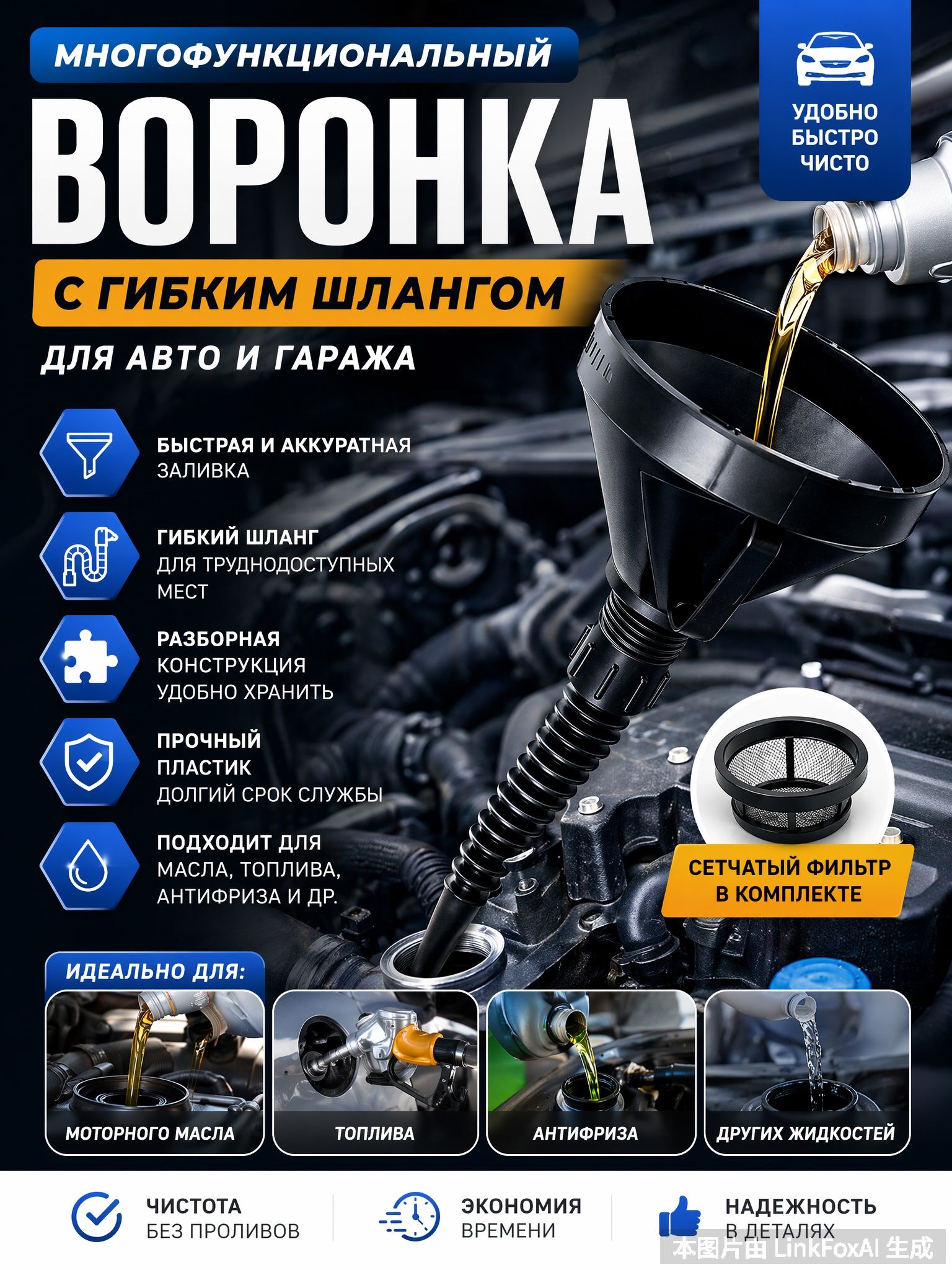 Воронка автомобильная разборная с гибким шлангом и сеткой-фильтром, для масла, топлива и технических жидкостей, для авто и гаража