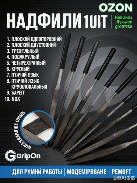 Набор алмазных надфилей 10 шт, разные формы (плоские, круглые, трёхгранные, полукруглые, квадратные, птичий язык и др.) для ручной обработки металла, пластика, дерева, моделирования и ремонта