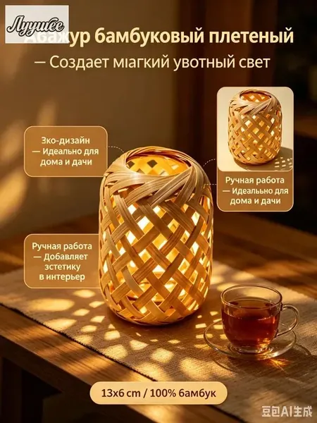 Абажур бамбук для светильника, плетеный плафон 13х6 см - Миниатюрная модель для люстры и настольной лампы, ЭКО декор в стиле сканди и ваби-саби для дома и дачи.