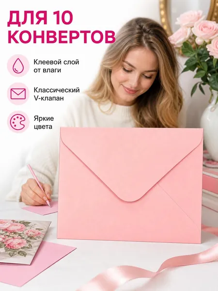 Конверт из фактурной бумаги 100х70 мм, розовый, 10 шт