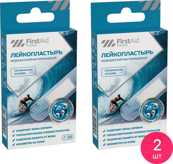 First Aid / Ферстэйд Пластырь бактерицидный Premium Teneris прозрачный влагостойкий воздухопроницаемый на полимерной основе в упаковке 1.9х7.6см 20шт. / лейкопластырь (комплект из 2 шт)
