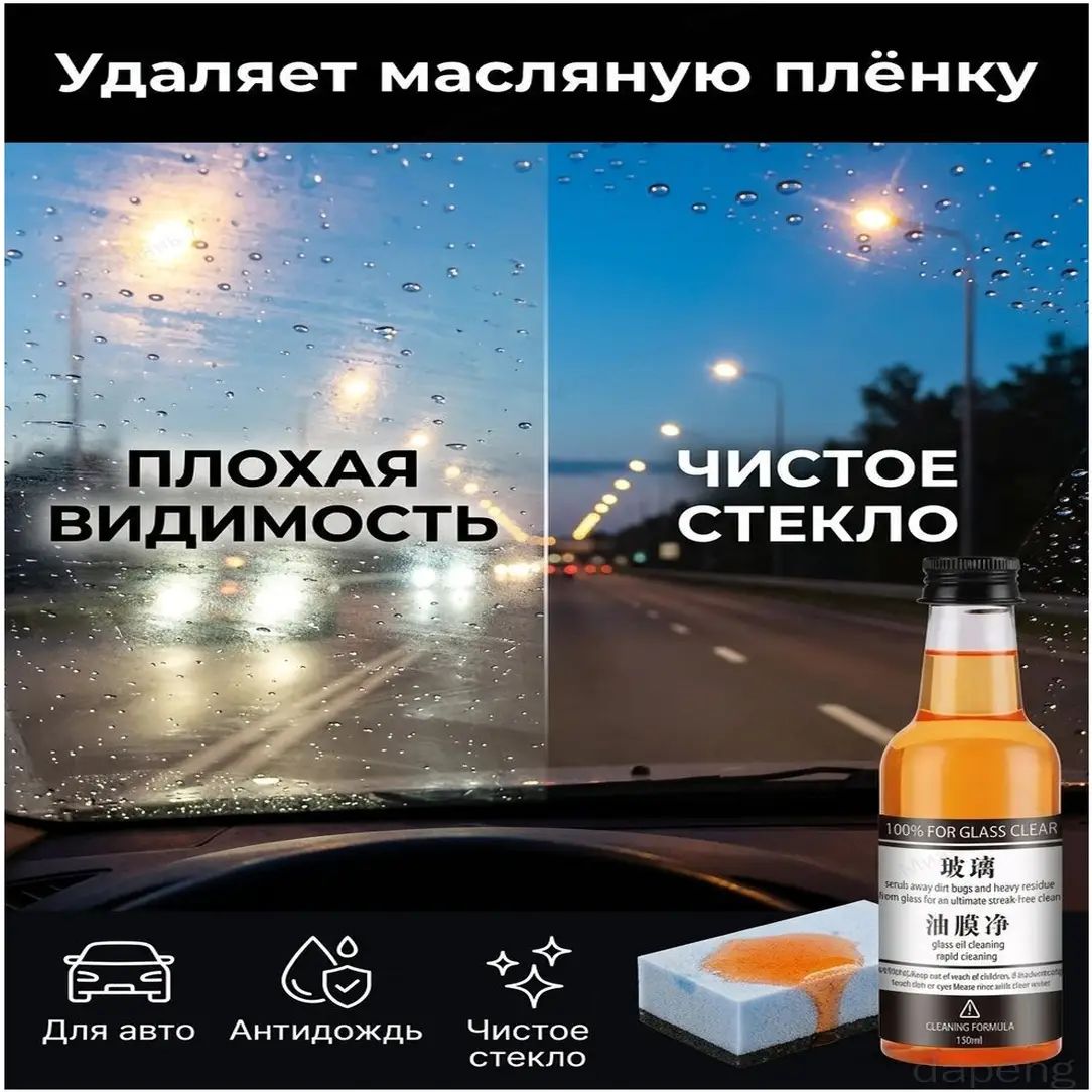 Очиститель стекол автомобиля от масляной пленки 150мл, антидождь и антиблик для лобового стекла - средство для удаления налета, жира и грязи, обезжириватель для прозрачного обзора