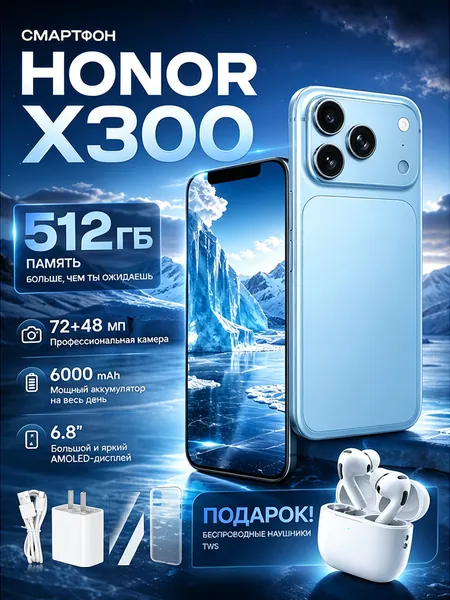 Смартфон Смартфон H0n0r 300 Global 12+512 ГБ, Android 10, большой объем памяти, HD-дисплей, смартфон для пожилых и детей, черный Global 12/512 ГБ CN 12/512 ГБ, Nano-SIM CN 12/512 ГБ, Nano-SIM, слоновая кость, лазурный