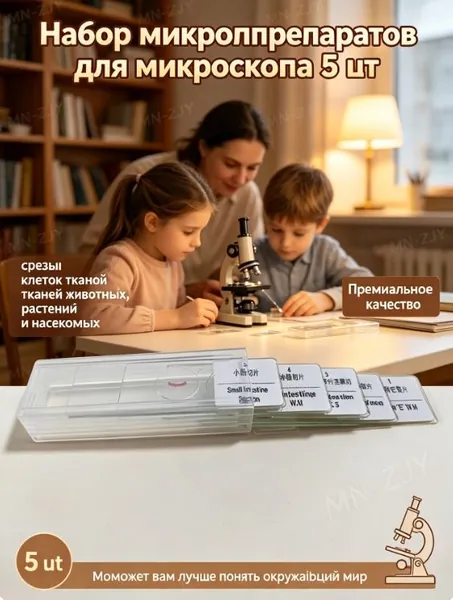 Набор микропрепаратовдля микроскопа, срезы клеток тканей животных, растений и насекомых, 5 шт.