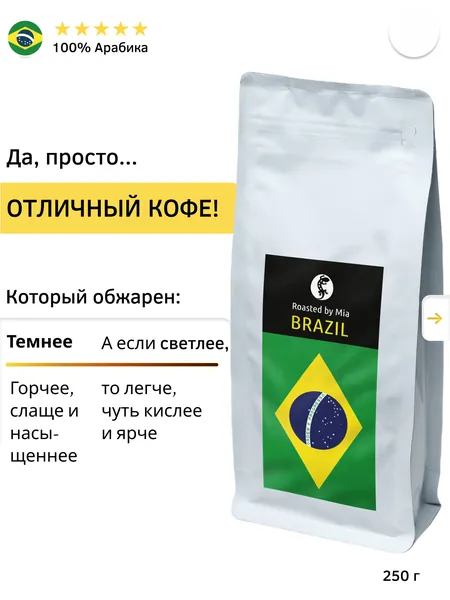 Кофе в зернах Арабика 250 г BYMIA. Бразилия Средняя обжарка