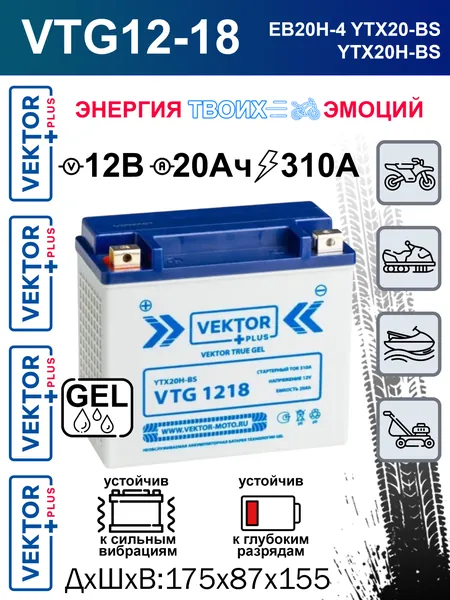 Мото аккумулятор стартерный Vektor 1218 12В 20Ач прямая полярность 310A (12V 20Ah) (YTX20-BS, YTX20H-BS) Гелевый, GEL, для мотоцикла, гидроцикла, квадроцикла, снегохода, генератора