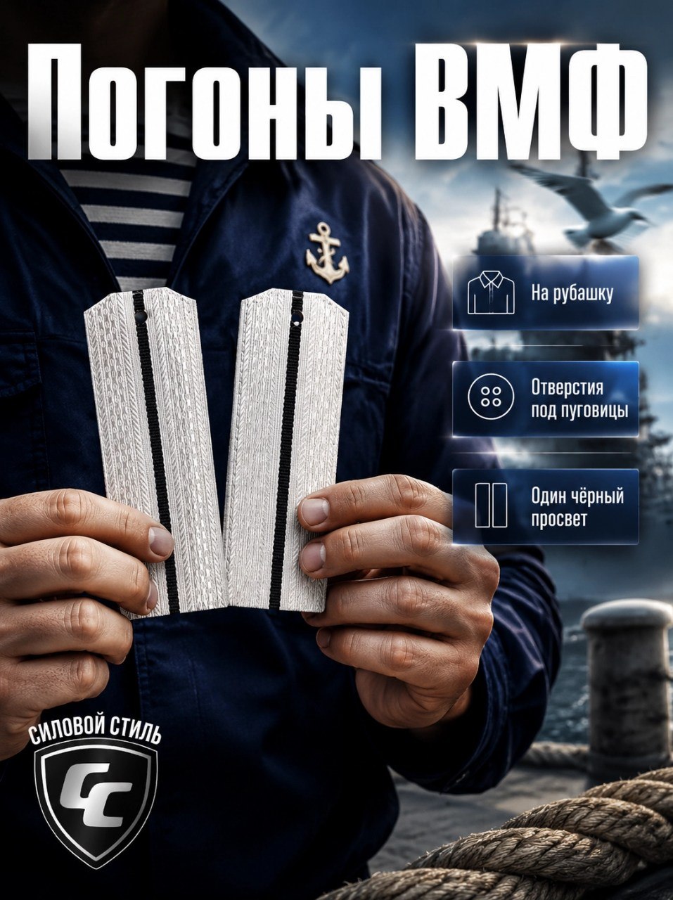 погоны ВМФ белые на рубашку 1 черный просвет