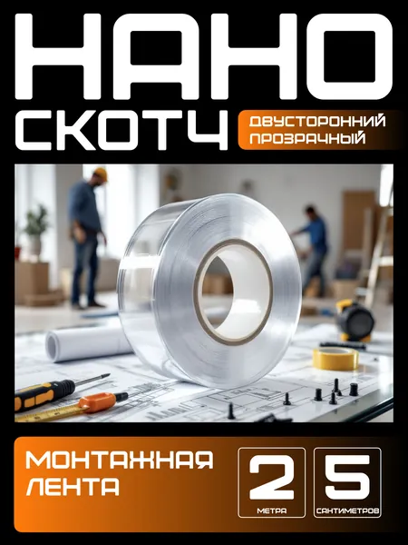2m-5cm. НАНО СКОТЧ прозрачный многоразовый двусторонний водостойкий. Крепление без сверления картин, зеркал, часов, фото, полок, табличек, постеров, крючков. Сильная фиксация. Нано лента.