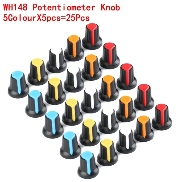 25pcs/1lot 5 видов цветов Крышка ручки потенциометра WH148 (медный сердечник) 15x17 мм 6 мм Отверстие для вала AG2 Желтый Оранжевый Синий Белый красный 5 видов цветов * 5ШТ 25ШТ