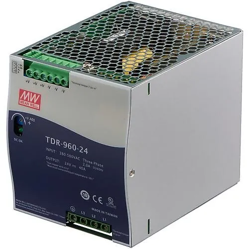 TDR-960-24 MEAN WELL, Блок питания на DIN-рейку 960 Вт 24 В 40 А 3-фазный, с возможностью 2-фазного подключения, со стабилизацией напряжения, активной функцией ККМ и защитами, в узком корпусе 110 мм