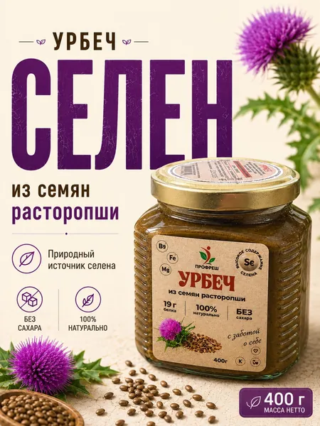 Урбеч из расторопши семян 400 гр. Натуральный. Без сахара ПРОФРЕШ Источник силимарина, клетчатки, железа, магния, фосфора, белка, витамины В1,В2, В4, Е. Полезный перекус. Мы есть то, что мы едим