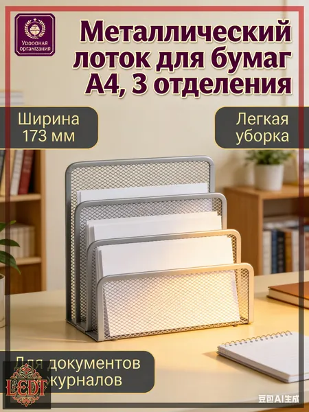 Лоток для бумаг вертикальный металлический А4, 3 отделения, серебристый сетчатый органайзер для документов и папок на стол