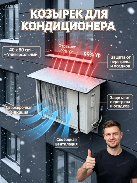 Козырек для наружного блока кондиционера 80х40 см. Универсальный отражающий экран для защиты от солнца и дождя; защитный чехол на внешний блок с надежной фиксацией и вентиляцией