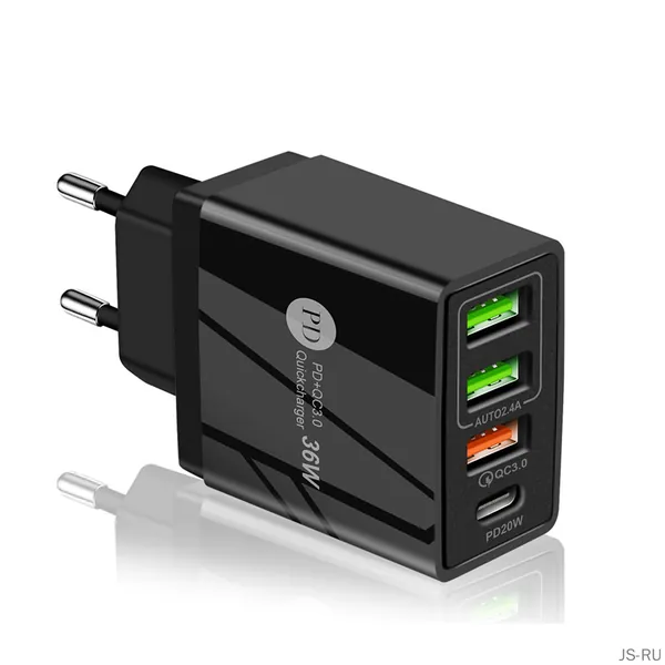 Зарядное устройство для мобильных телефонов быстрого заряда PD36W 5V4A адаптер с несколькими портами PD+3USB зарядное головка черный белый AC100-240V 50-60Hz 0.5A 9V/2.4A 12V/1.8A размер 74*47*45mm