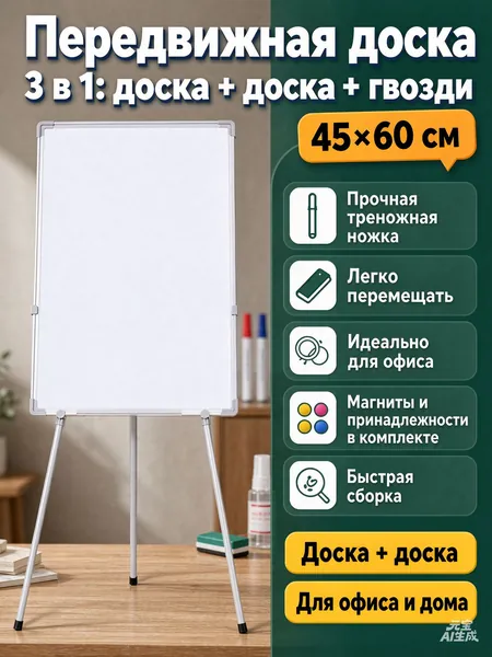 Доска-флипчарт магнитно-маркерная на металлической треноге с держателями бумаги, удобна для домашнего обучения и офисных презентаций, компактная мобильная демонстрационная доска DD
