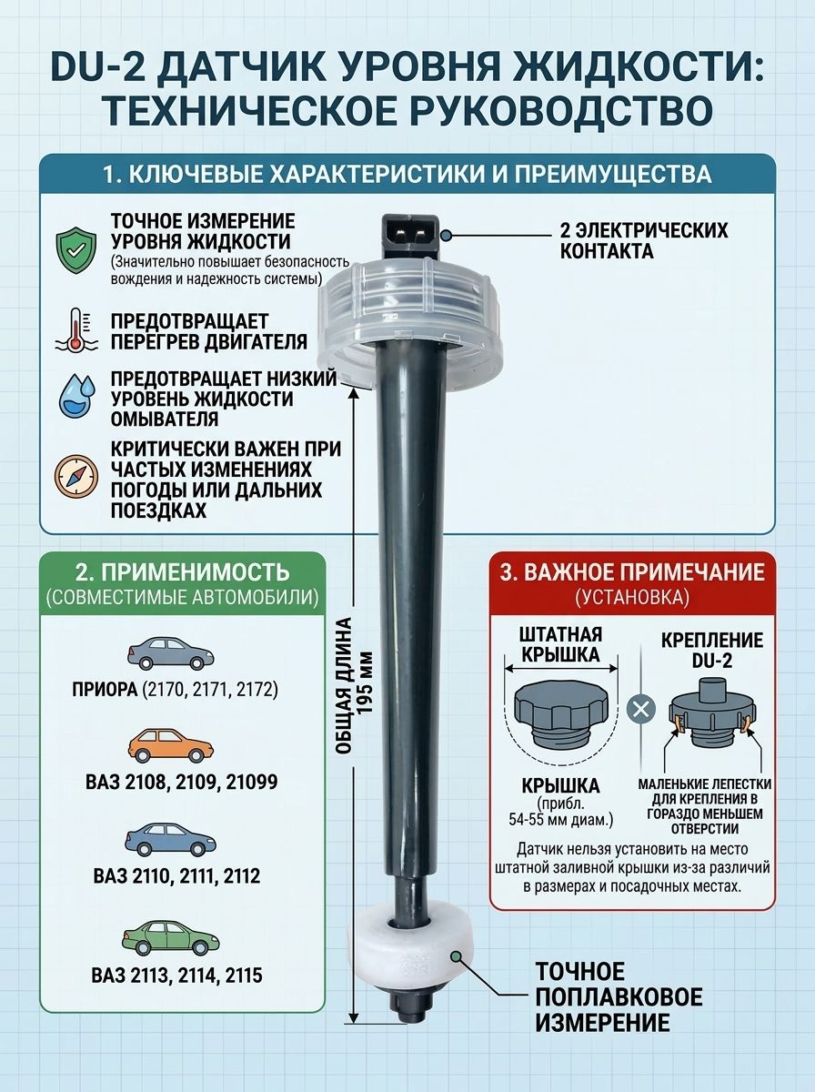 Датчик уровня охлаждающей / омывающей жидкости применяется для ВАЗ 2108, 2109, 2110, 2112, 2114, 2115 (ДУ-2 длинный 195 мм)