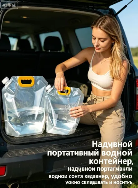 Эксклюзивная прозрачная упаковка для жидкостей пищевого назначения, представленная двумя утолщенными складными емкостями по 1,5 литра с увеличенной вместимостью для переноски напитков