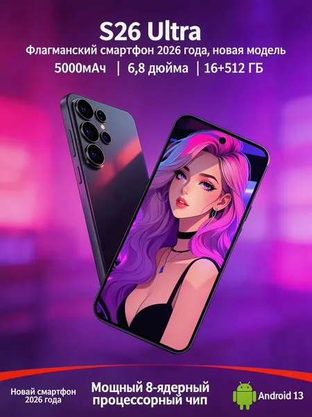 Смартфон Игровой смартфон Galexy S26t Ultra Андроид 2026 5G 16/512 ГБ 8-ядерный 4K экран 4800MP камера двойная SIM поддержка русского языка черный Ростест (EAC) 16/, Nano-SIM