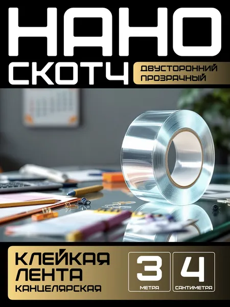 3m-4cm. НАНО ЛЕНТА прозрачная двусторонняя многоразовая водостойкая клейкая. Крепление без сверления картин, зеркал, часов, фото, полок, табличек, постеров, крючков. Сильная фиксация. Нано скотч.