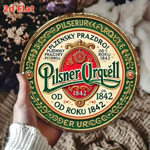 2D плоская металлическая настенная табличка с логотипом пива Pilsner Urquell - круглая алюминиевая табличка с винтажным дизайном 1842 года, HD-печать, водонепроницаемая и пылезащитная.