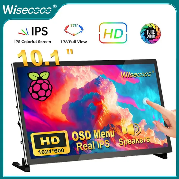 Wisecoco 10.1" Монитор 10.1" сенсорный IPS‑монитор 1024×600 с двумя динамиками, вход HDMI, без драйверов, совместим с Raspberry Pi 5/4/3/Zero (10.1), IPS, 1024x600, 60 Гц, шоколадный