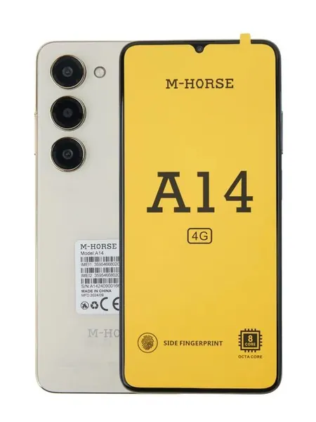 M-HORSE Смартфон Смартфон A14, Изящный и притягательный дизайн 6,8'' HD+ дюймов, 720 x 1600 пикселей, ОС: Android 13.0, Unisoc SC9863A Octa-Core, аккумулятор 5000 мАч, Ростест (EAC) 8/128 ГБ, Nano-SIM, золотой