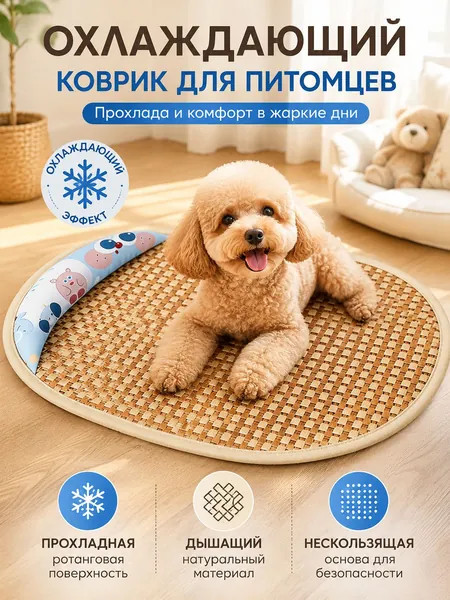 Летний охлаждающий коврик для собак и кошек, ротанговая лежанка с мягким валиком, дышащий нескользящий коврик для питомцев
