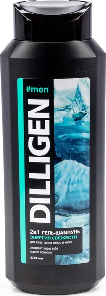 DILLIGEN / Диллиген Гель-шампунь для душа мужской Энергия свежести 2 в 1 для всех типов кожи и волос, с экстрактом коры дуба и маслом конопли, 400мл / очищающее средство для тела