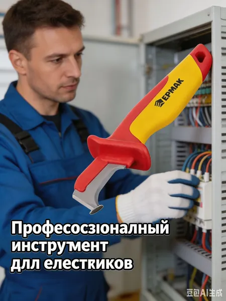 Нож диэлектрический СИБРТЕХ, до 1000 В, для снятия оплетки электрокабелей, лезвие из нержавеющей стали, защитная кулиса, двухкомпонентная обрезиненная рукоятка, чехол в комплекте