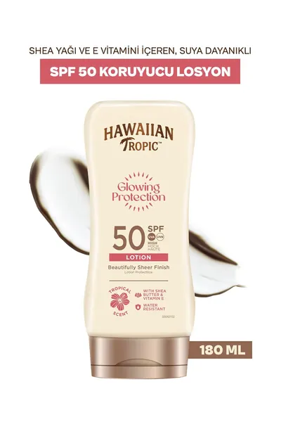 Hawaiiana солнцезащитный лосьон для тела Glowing Protection SPF50, 180 мл. Сияющий крем с маслом ши и витамином Е, водостойкая веганская формула для интенсивного ухода и защиты кожи от солнц