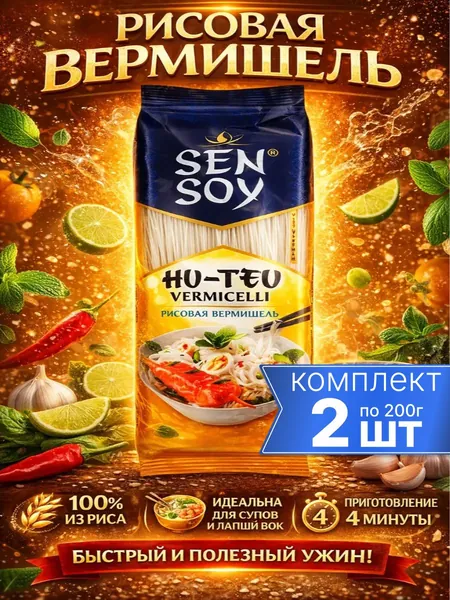 Рисовая вермишель без глютена Hu-Teu Sen Soy 2шт по 200г