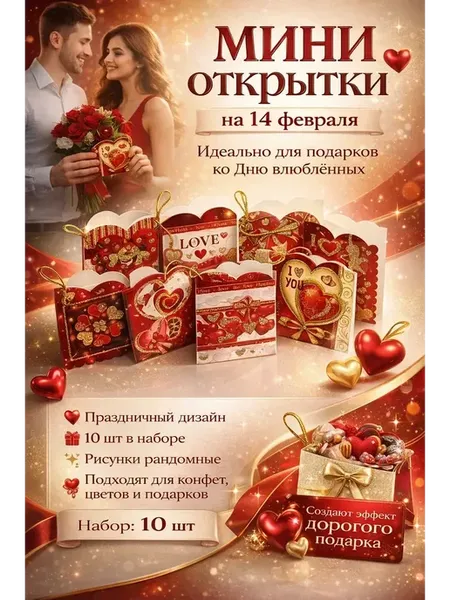 Набор мини открыток валентинки на 14 февраля 10шт