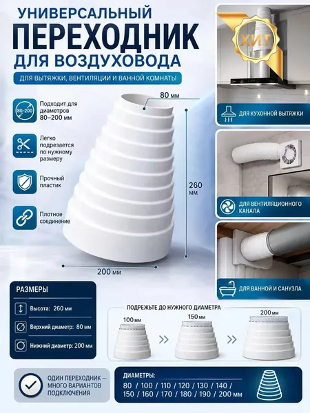 Переходное кольцо для вытяжки (редуктор), усиленное, для вытяжной трубы, нержавеющая сталь, диаметр 80-200 мм, 1 шт