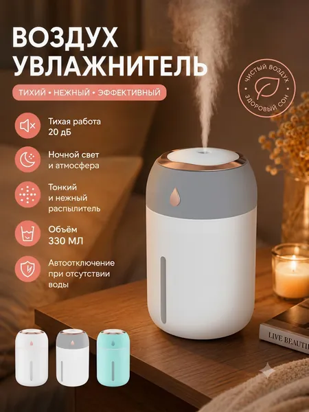 Увлажнитель воздуха Увлажнитель воздуха 260 мл Увлажнитель воздуха «Small M Humidifier» Белый — мини-USB аромадиффузор, с ночником, бесшумный, портативный, для дома и офиса, светло-серый, светло-зеленый