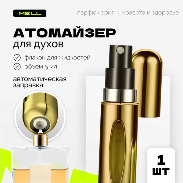 Атомайзер для духов 5 мл 1 шт / пустой многоразовый флакон с распылителем и стеклянной колбой в алюминиевом защитном корпусе для парфюма, мицелярной и термальной воды и антисептика