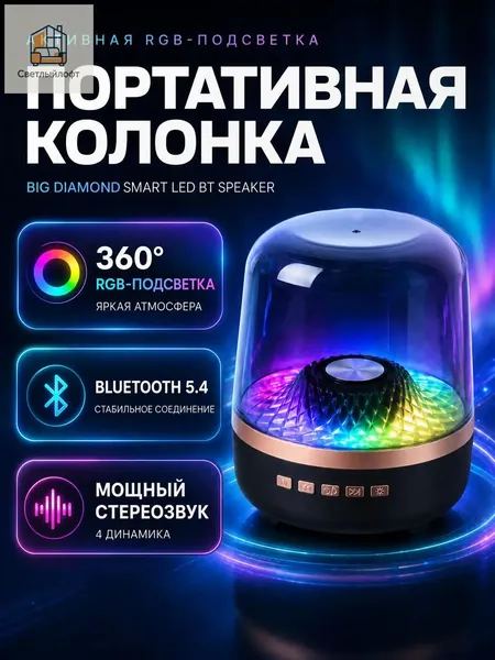 Портативная блютуз колонка с RGB-подсветкой, беспроводная музыкальная колонка, мощный бумбокс с 4 динамиками, поддержка USB, TF, AUX, Type-C, с микрофоном, для дома и улицы, маленькая, черная