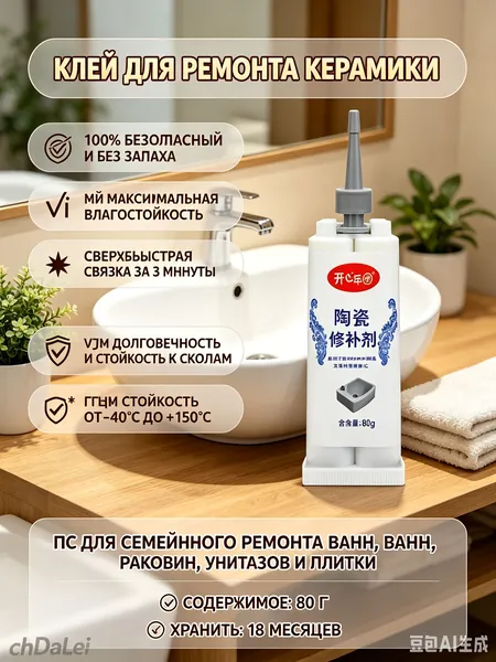 Клей для ремонта керамики 80 г, эпоксидный состав повышенной прочности для ремонта сколов плитки, керамогранита, мрамора, ванны и раковины. Двухкомпонентный водостойкий герметик