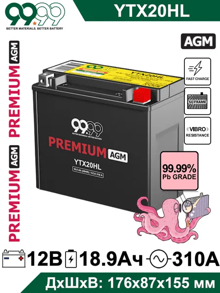 Мото аккумулятор стартерный 9999 YTX20HL-BS 12В 18,9Ач (12V 18,9Ah) обратная полярность 310A (CT 12201) AGM, аккумулятор для мотоцикла, квадроцикла, гидроцикла, снегохода и генератора