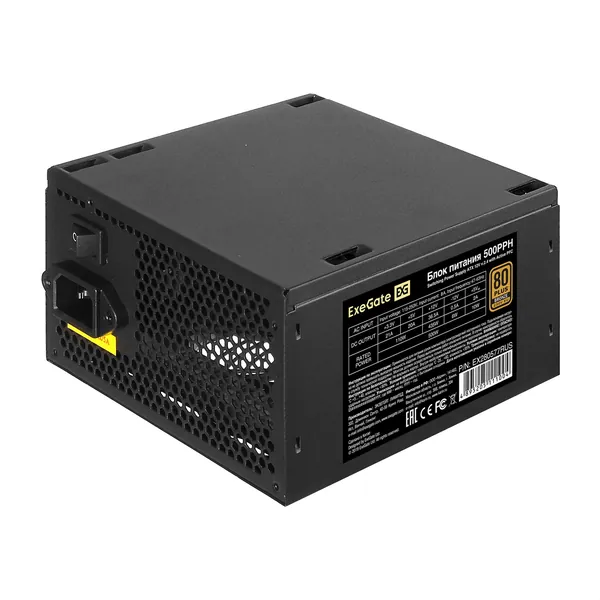 Блок питания 500W ExeGate 80 PLUS Bronze 500PPH-S-OEM (ATX, APFC, SC, КПД 88% (80 PLUS Bronze) 12cm fan 24pin 4xPCI-E, 6xSATA 3xIDE, кабель 220V 1,8м с защитой от выдергивания, black, RTL)