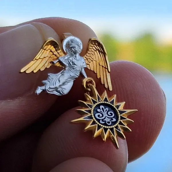 Ангел хранитель, ангелок, Серебро 925 и позолота. Православный шарм оберег женский, крестик, мужской Славянский, подвеска кулон, талисман амулет, детский, для браслета на руке, крестик православный, Христос Богородица, кольцо иконка образок, руны