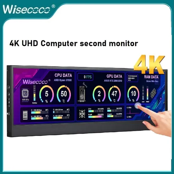 Wisecoco Пиксельный экран 14"4K монитор сенсорный,UHD IPS 3840x1100,USB+HDMI+Type-C,для ноутбука компьютер ПК скорость температура Windows Aida64 CPU GPU HDMI вторичный монитор для редактирования музыки медиа Timeline, коричнево-красный