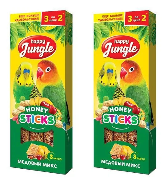 Happy Jungle Лакомство для птиц Палочки Медовый микс, 3 шт в уп, 90 г, 2 уп