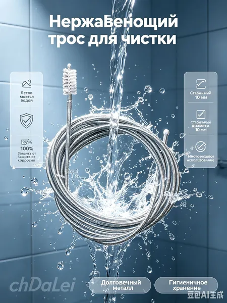 Трос для прочистки труб сантехнический гибкий с ершиком 10 мм нержавеющая сталь 6 м, инструмент для чистки дренажных отверстий автомобильных люков, кондиционеров и бытовых сливов