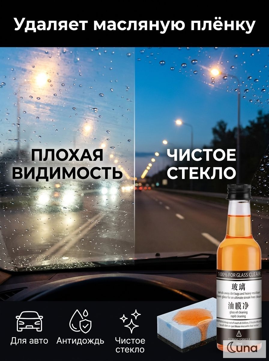 Очиститель стекол автомобиля от масляной пленки 150мл, антидождь и антиблик для лобового стекла - средство для удаления налета, жира и грязи, обезжириватель для прозрачного обзора