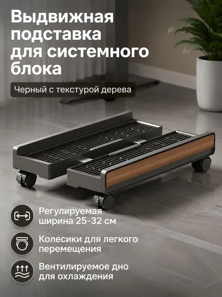 Подставка под системный блок компьютера регулируемая с колесиками, черная с деревянной текстурой, пластик