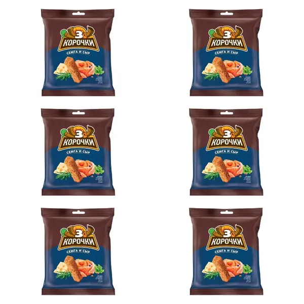 3 корочки Сухарики ржаные, сыр, семга, 40 г, 6 штук