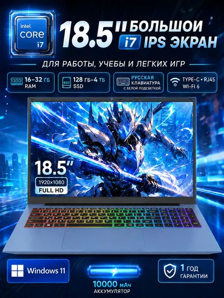 Vicyoung 18.5" большой экран FHD IPS, Intel Core i7, Wi‑Fi 6, RGB-подсветка, настраиваемая конфигурация, ноутбук для игр и работы, сканер отпечатков, Русская раскладка, синий Игровой ноутбук 18.5", Intel Core i7-1068NG7, RAM 16 ГБ, SSD 2048 ГБ, Intel Iris Plus Graphics G7, Windows Pro, голубой, Русская раскладка