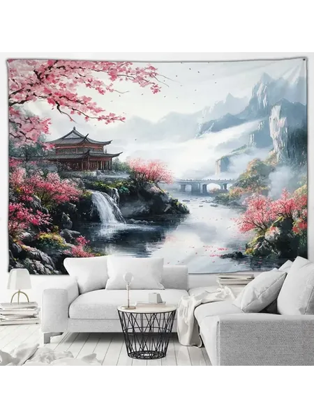 Гобелен японский пейзаж розовые вишни 75X75cm, zt-2501040006