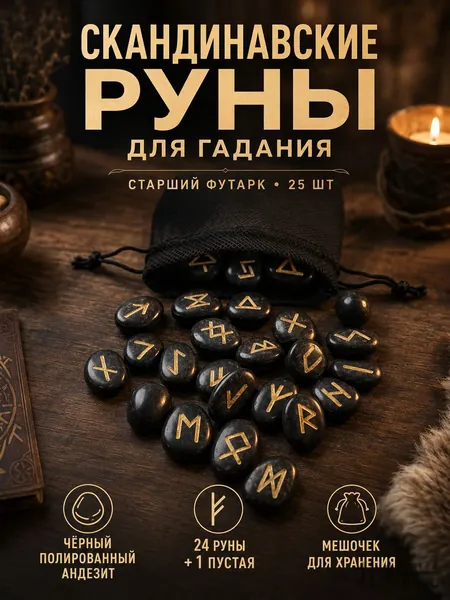 Скандинавские руны для гадания из черного андезита, 25 шт